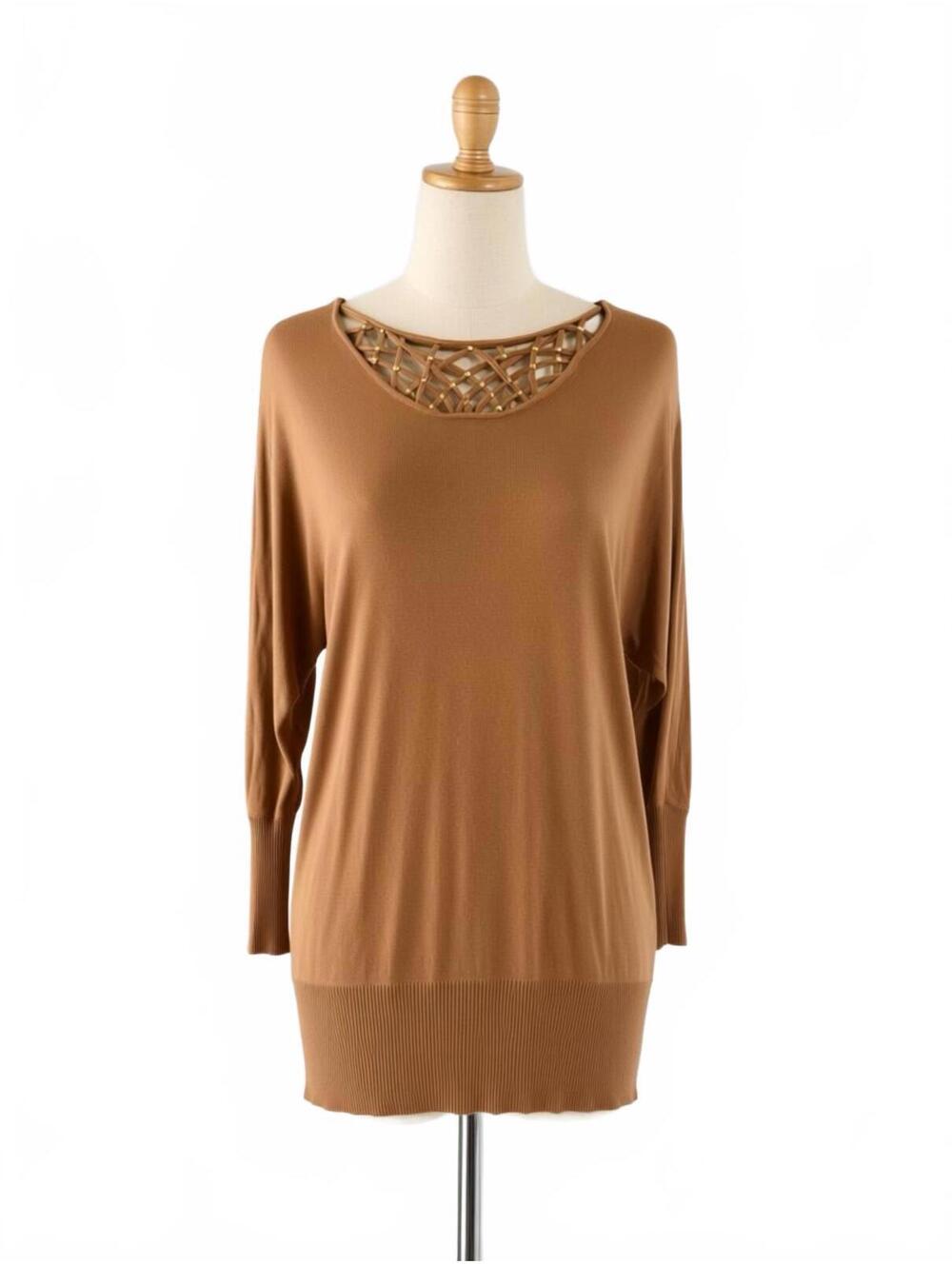 Cache Brown Knit Sweater with Decorative Neck Detail Size M